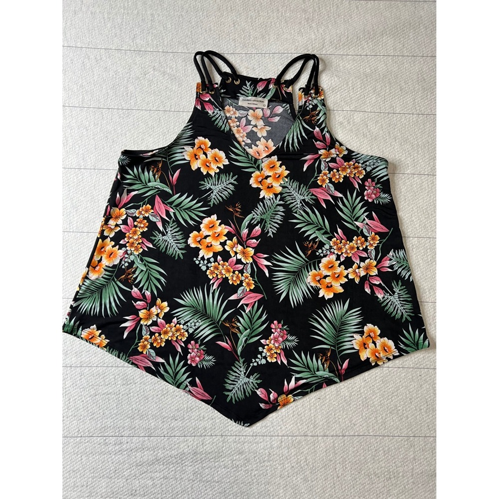 Modern Attraction Tropical Floral Handkerchief Hem Tank Top Black Large